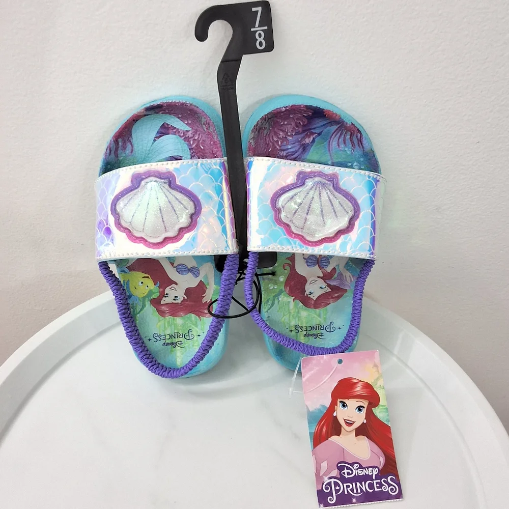 Disney Princess Ariel Little Mermaid Kids Girls Slides Sandals, Size 7-8, NWT
